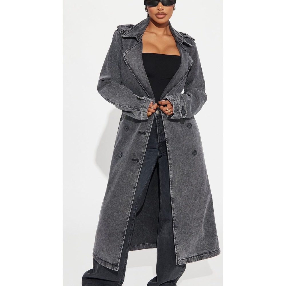 Stoosh Denim Trench Coat Women's M Charcoal Longline Double Breasted NWOT